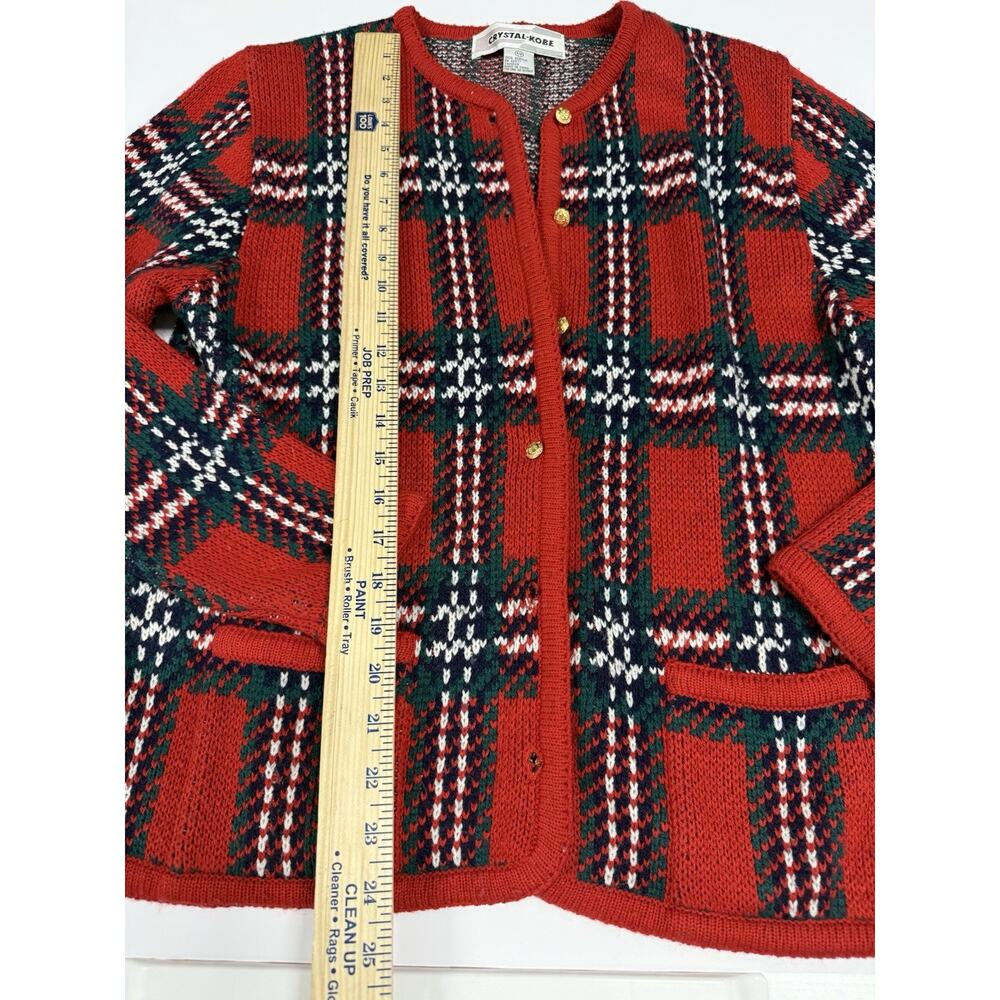 VTG Crystal Kobe S/P Cardigan Red Black Holiday Plaid Gold Button Knit Sweater - Picture 2 of 6